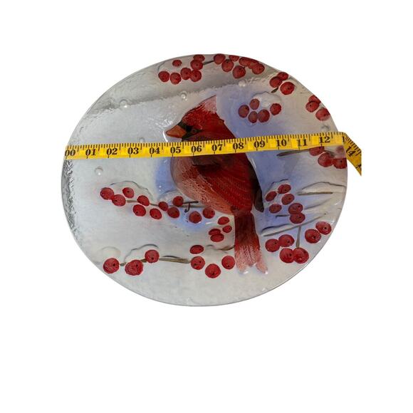 Christmas Red Cardinal & Winter Holly Berries Fused Art Decorative Bowl 13" x 2” - Picture 9 of 9